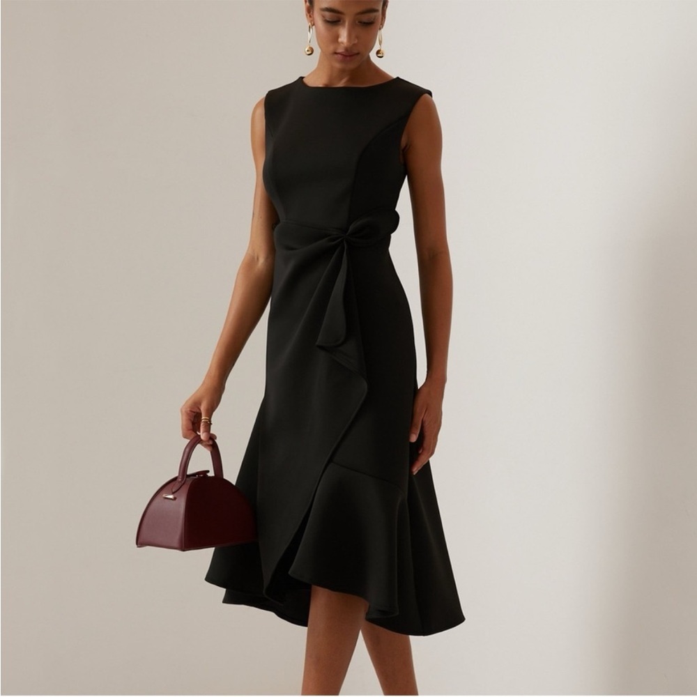 NWT Fehaute Black Tie Twist Waist Ruffled Sleeveless A-Line Midi Dress Size 8